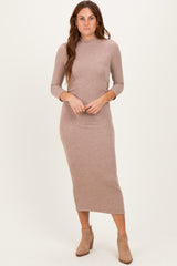 Taupe Ribbed Knit Mock Neck Long Sleeve Ruched Dress