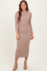 Taupe Ribbed Knit Mock Neck Long Sleeve Ruched Dress