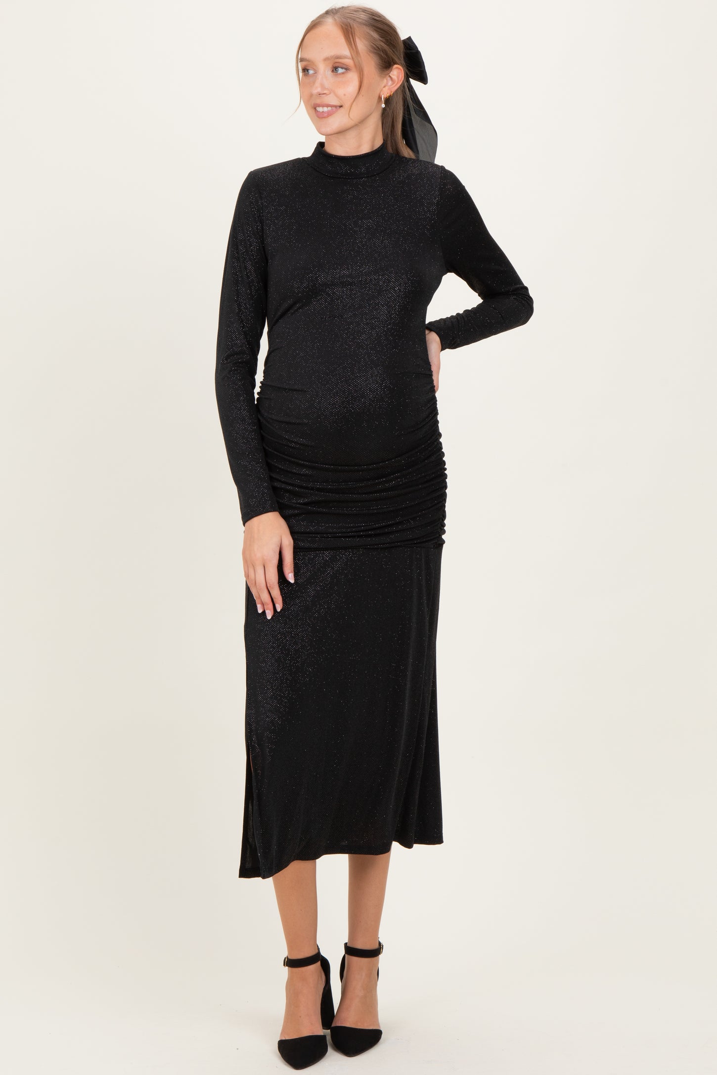 Black Sequin Long Sleeve Mock Neck Maternity Maxi Dress