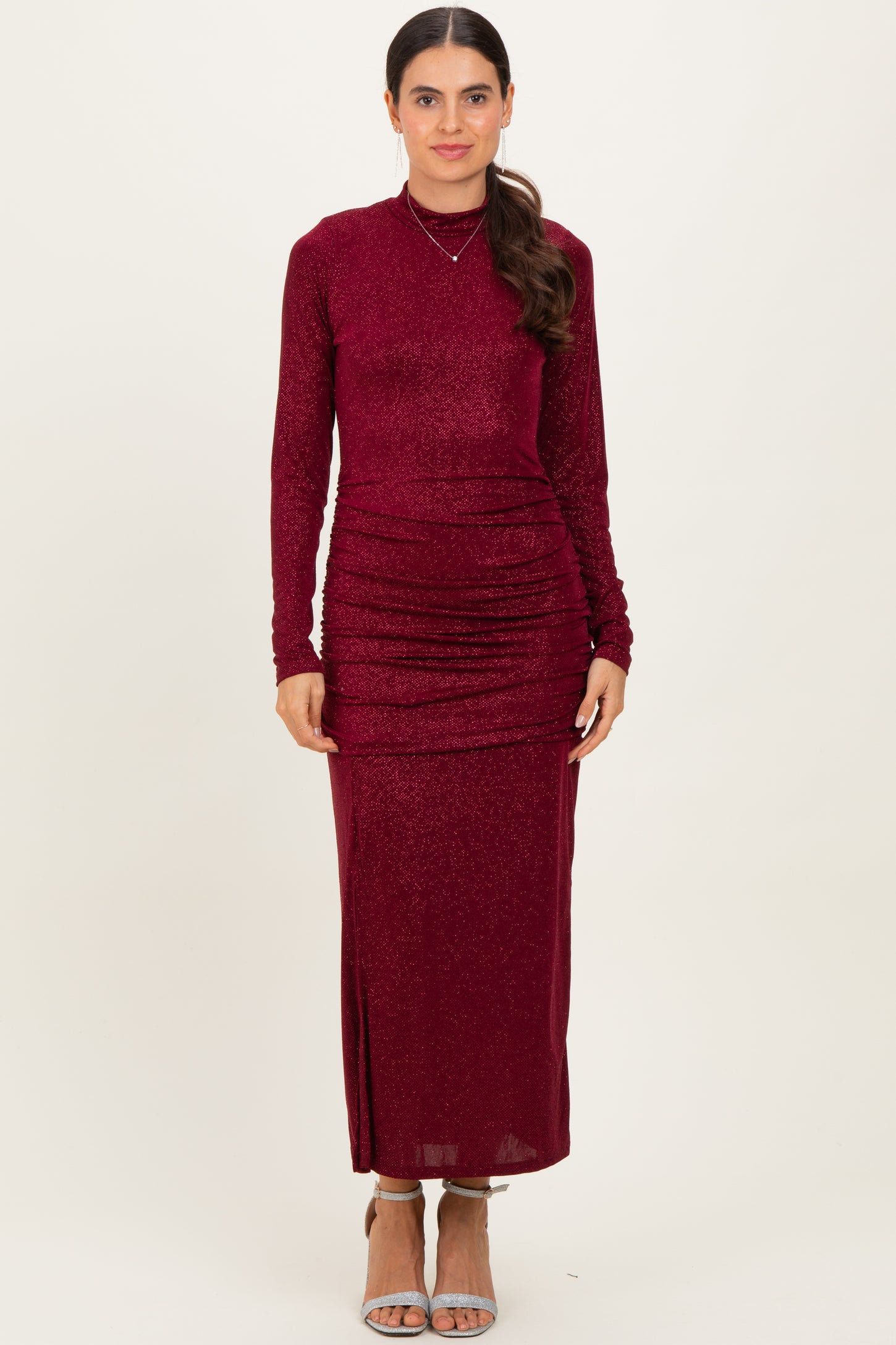 Burgundy Sequin Long Sleeve Mock Neck Maxi Dress