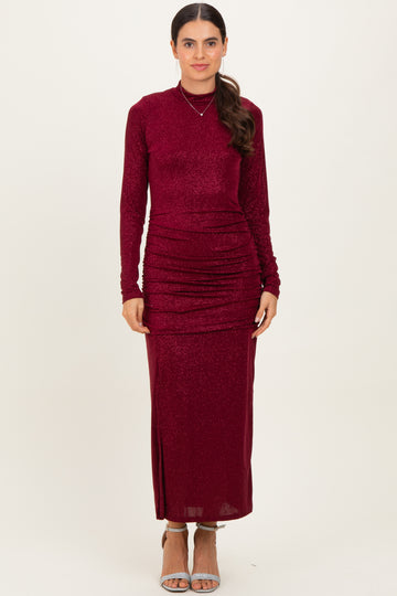 Burgundy Sequin Long Sleeve Mock Neck Maxi Dress