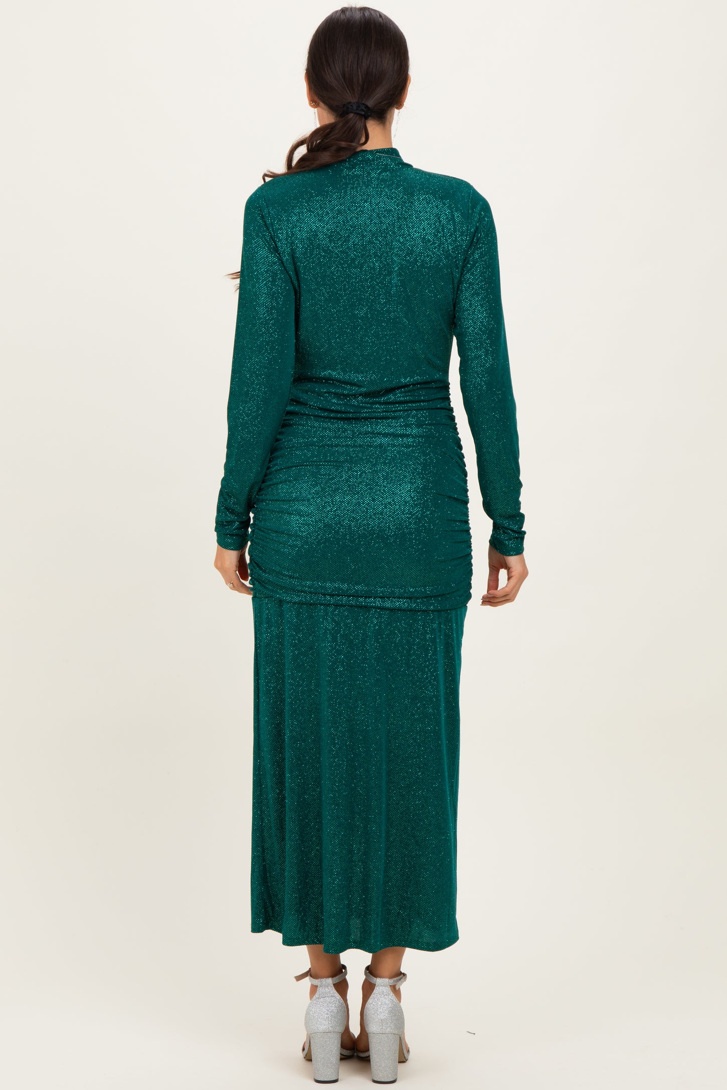 Green Sequin Long Sleeve Mock Neck Maxi Dress