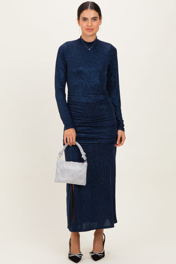 Navy Sequin Long Sleeve Mock Neck Maxi Dress