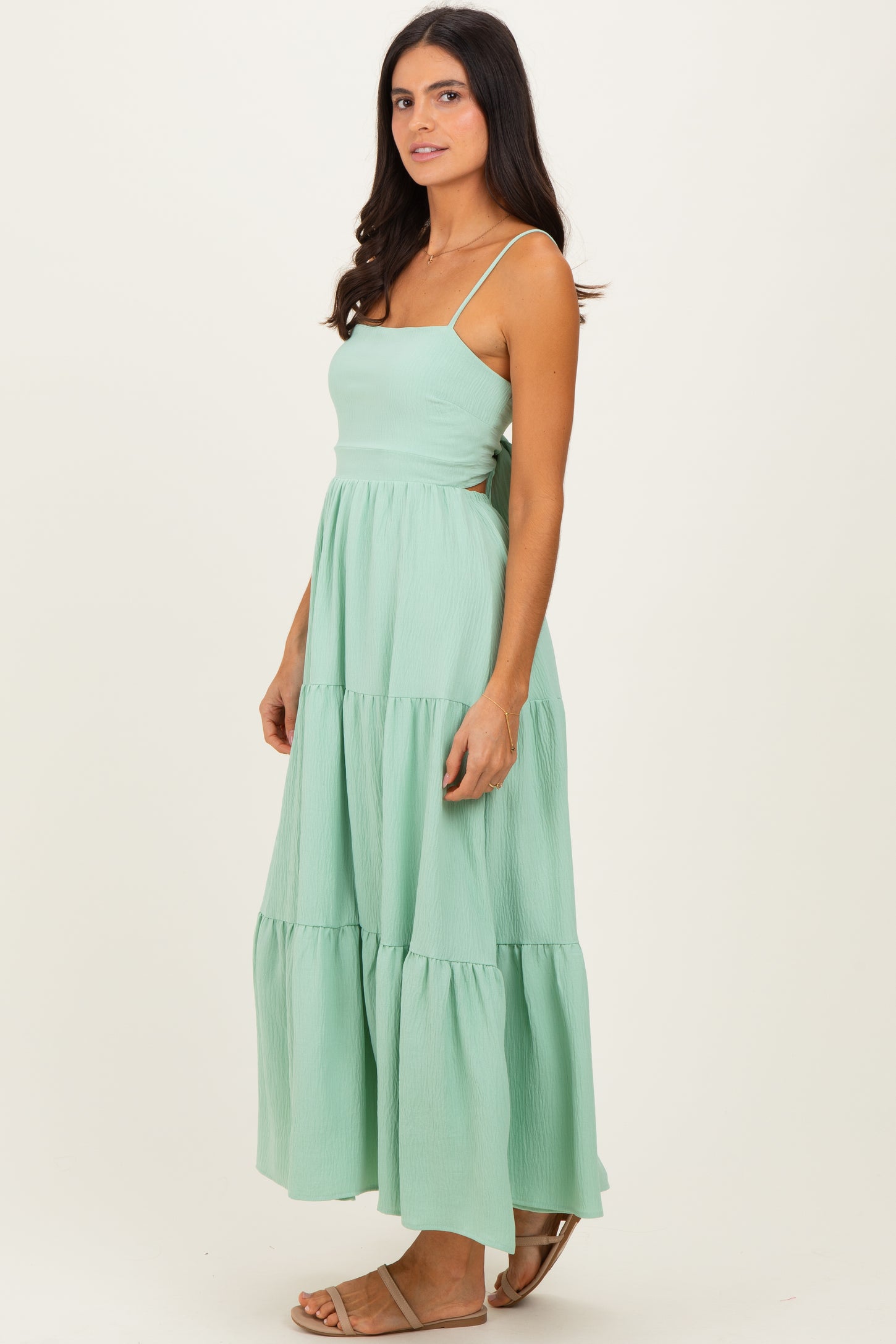Sage Green Tiered Cutout Tie Back Midi Dress