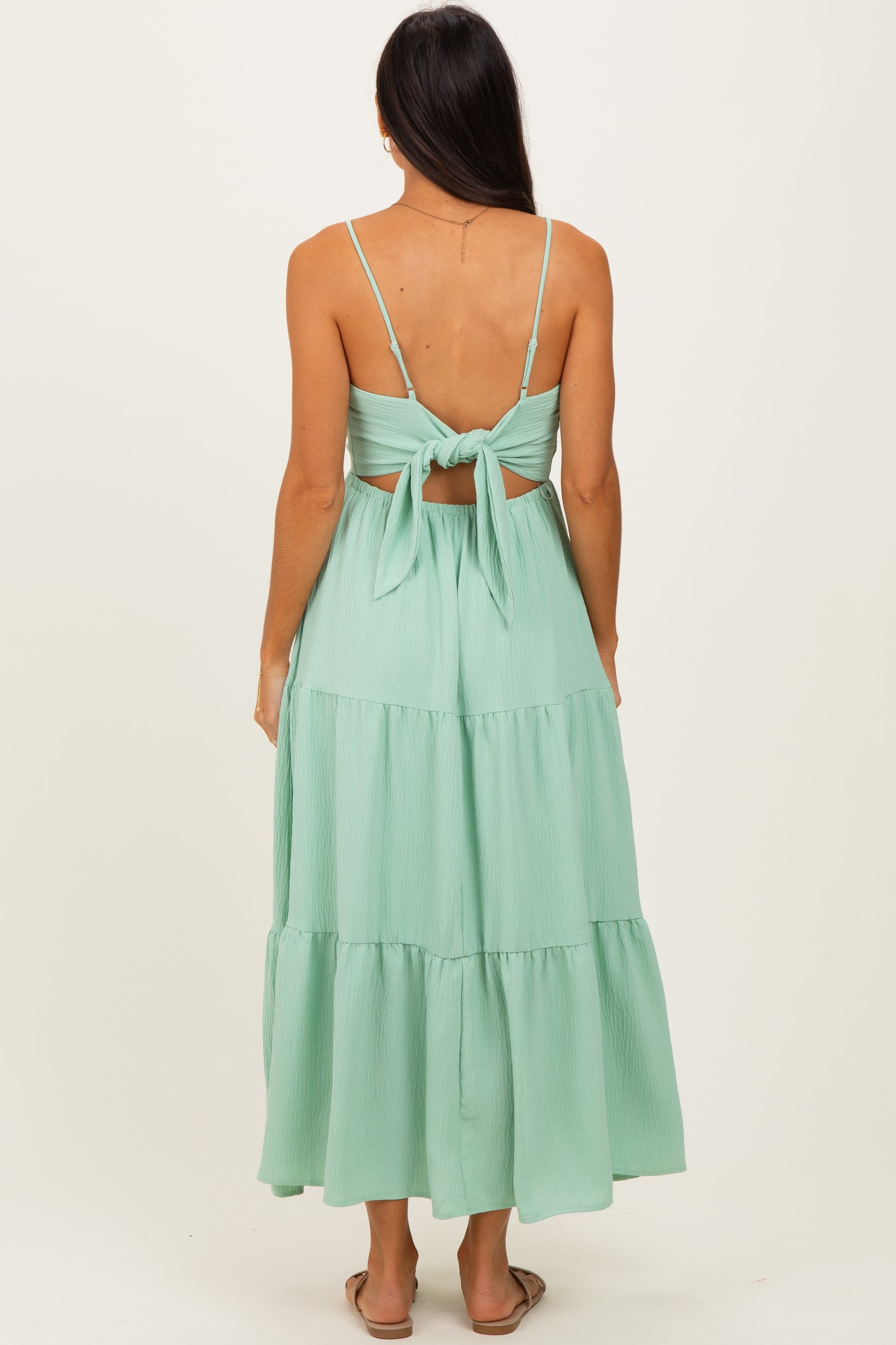 Sage Green Tiered Cutout Tie Back Midi Dress