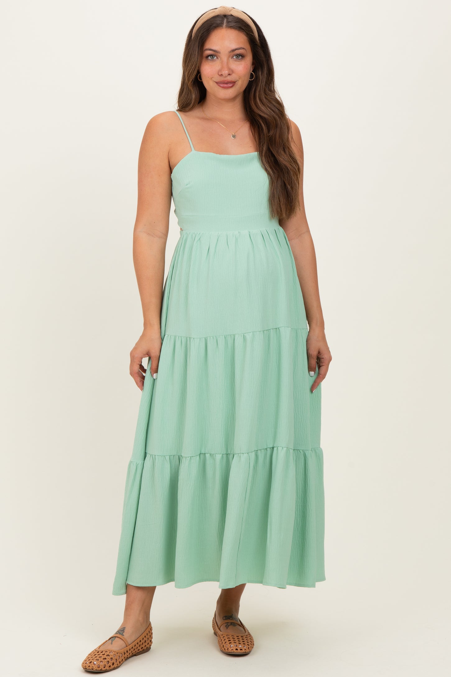 Sage Green Tiered Cutout Tie Back Maternity Midi Dress