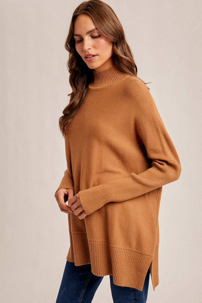 Camel Mock Neck Oversized Sir Slit Sweater Top