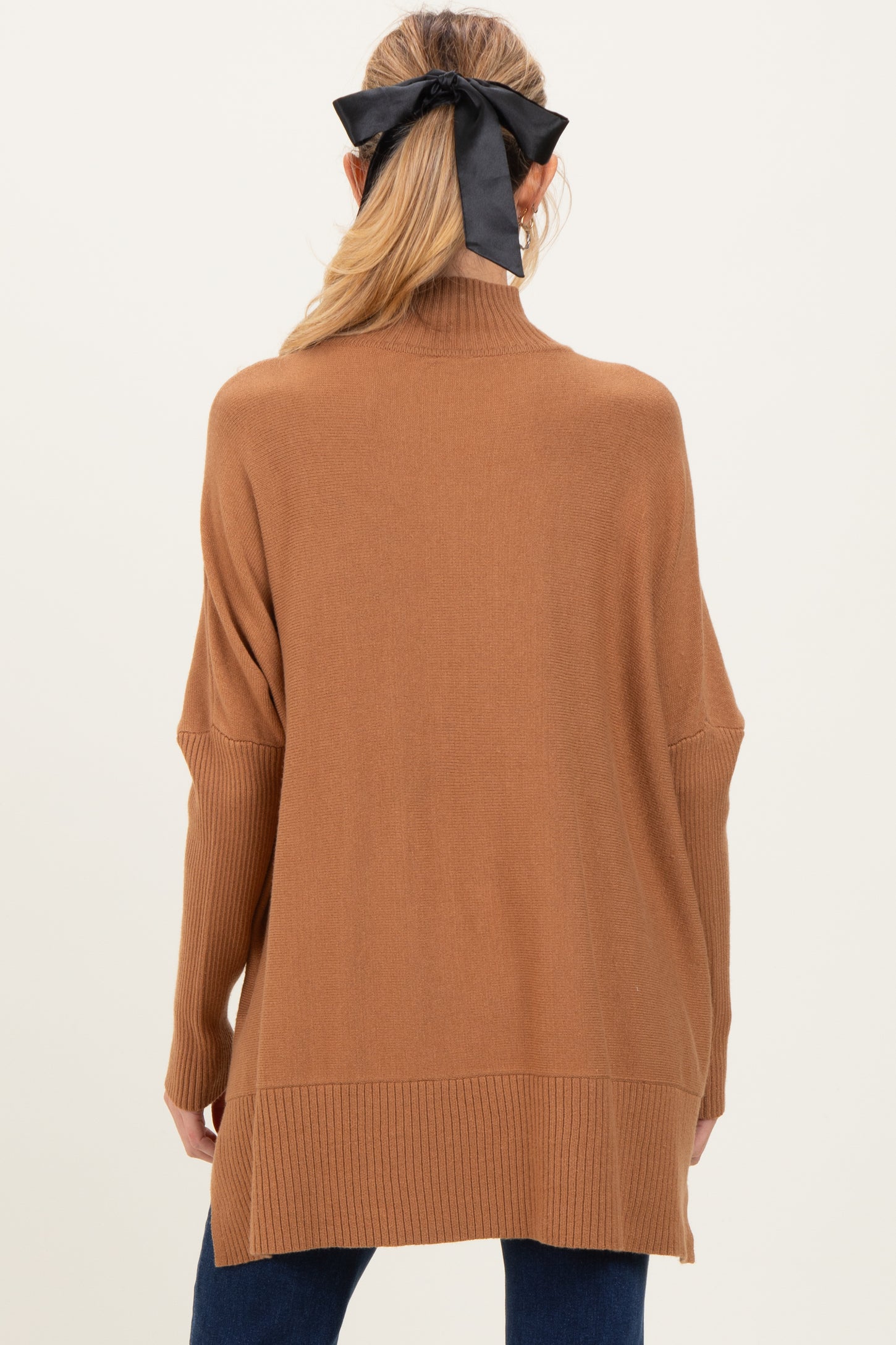 Camel Mock Neck Oversized Sir Slit Maternity Sweater Top