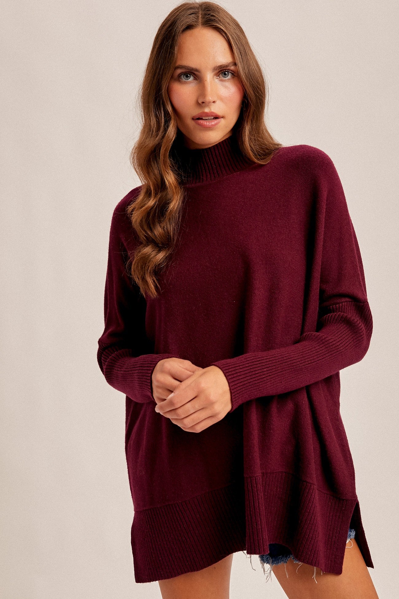 Burgundy Mock Neck Oversized Sir Slit Maternity Sweater Top