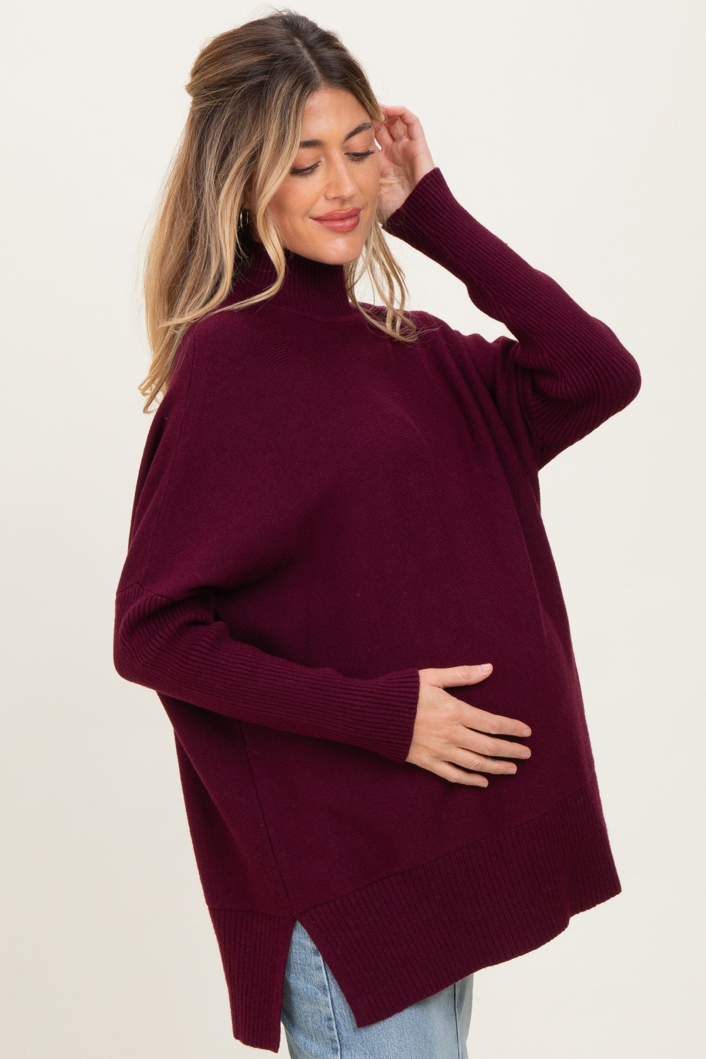 Burgundy Mock Neck Oversized Sir Slit Maternity Sweater Top