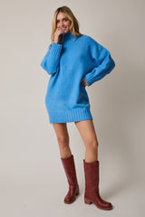 Blue Mock Neck Long Sleeve Sweater Dress