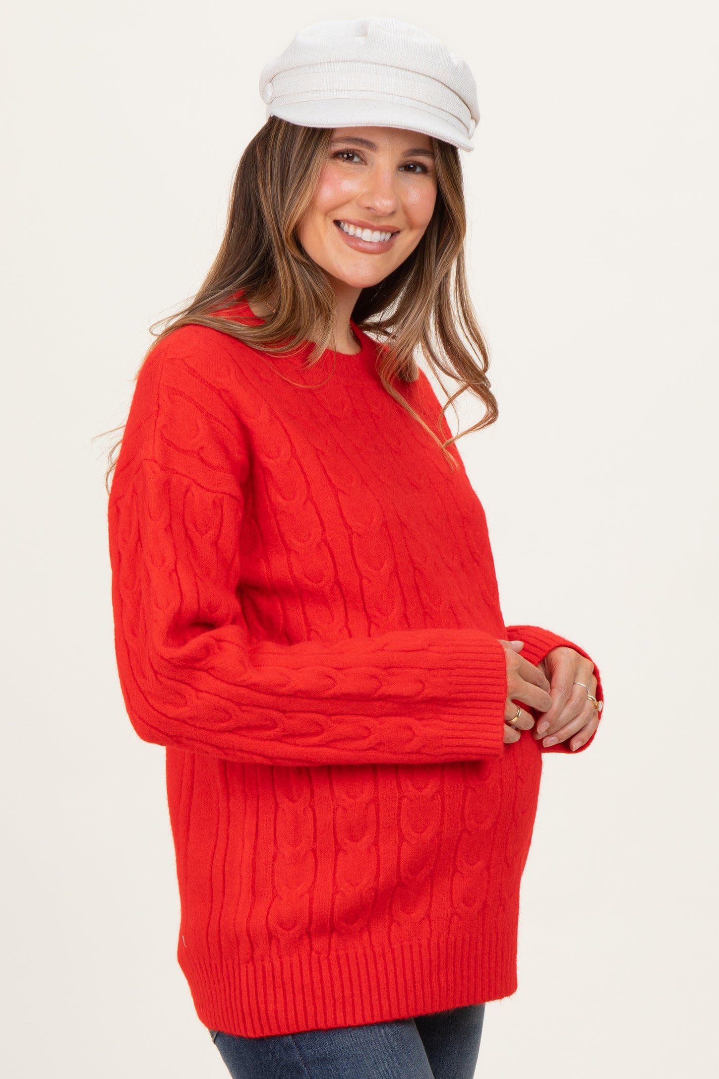 Red Braid Knit Pattern Soft Fluffy Maternity Sweater Top