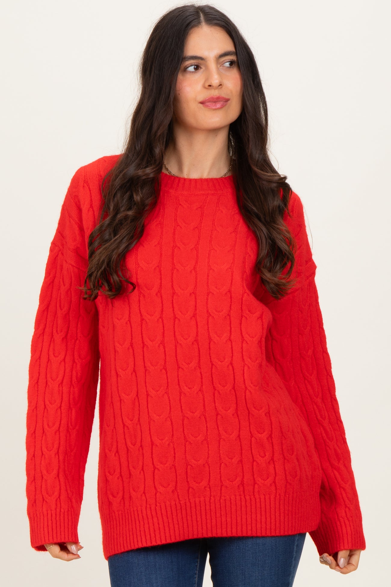 Red Braid Knit Pattern Soft Fluffy Maternity Sweater Top