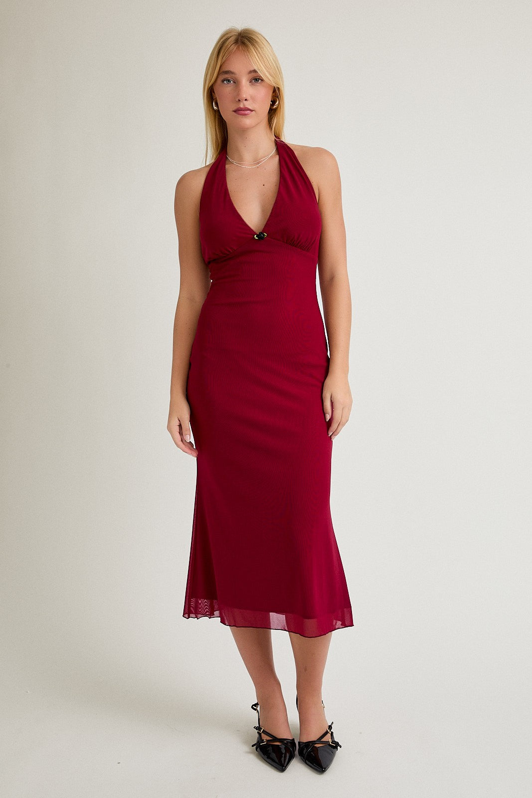 Red Mesh Pendant Halter Midi Dress