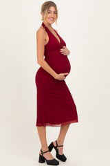 Red Mesh Pendant Halter Maternity Midi Dress