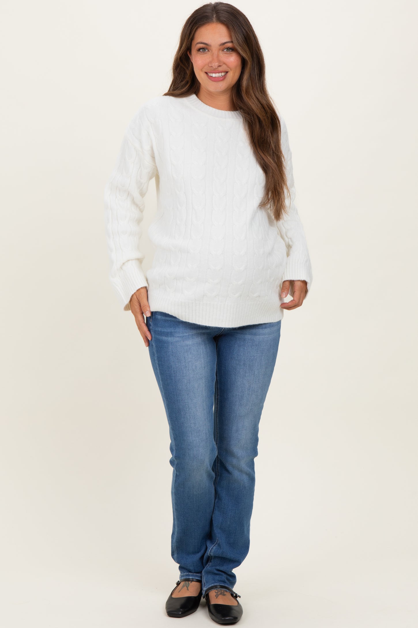 Ivory Braid Knit Pattern Soft Fluffy Maternity Sweater Top