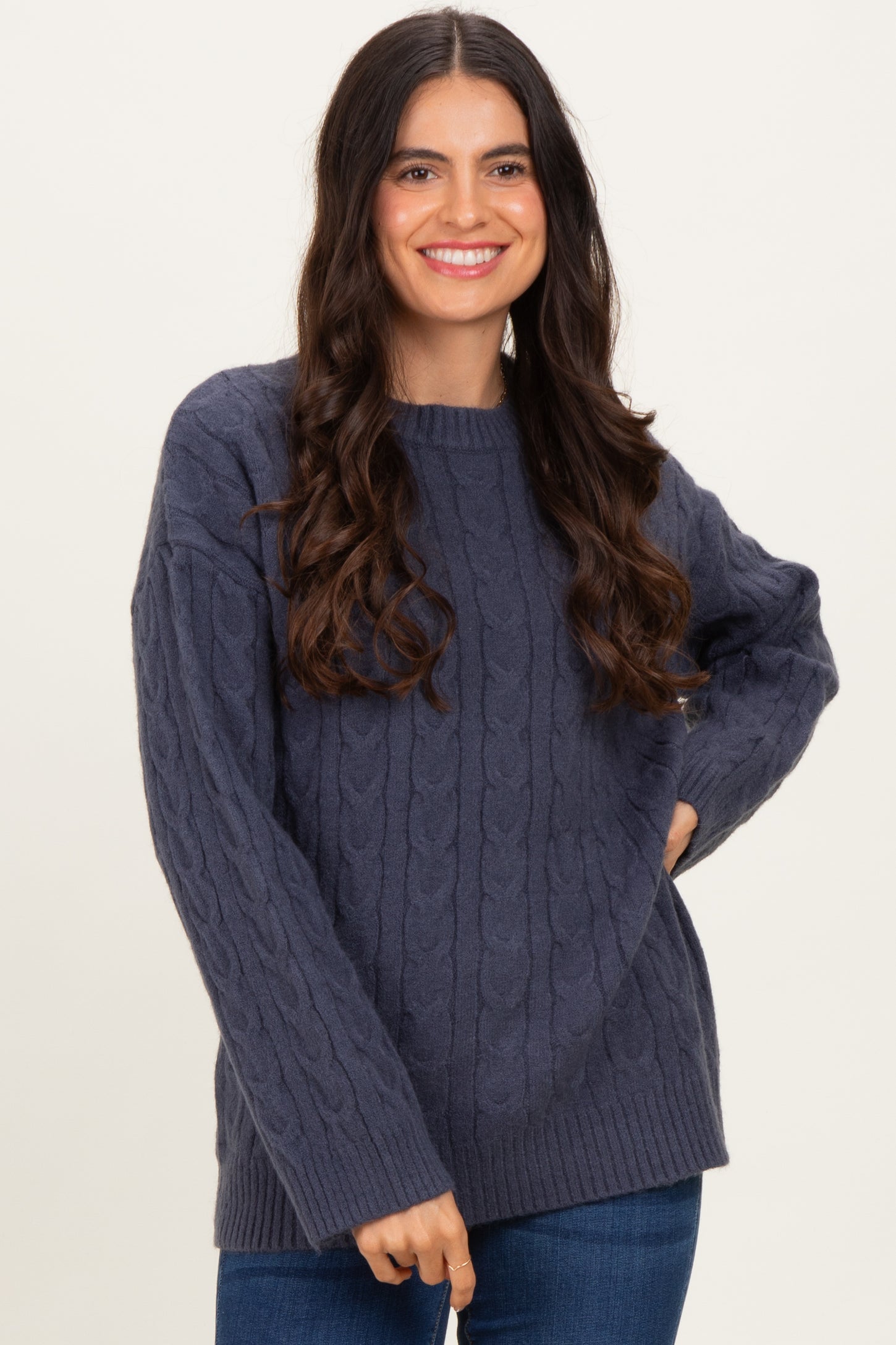 Navy Braid Knit Pattern Soft Fluffy Maternity Sweater Top