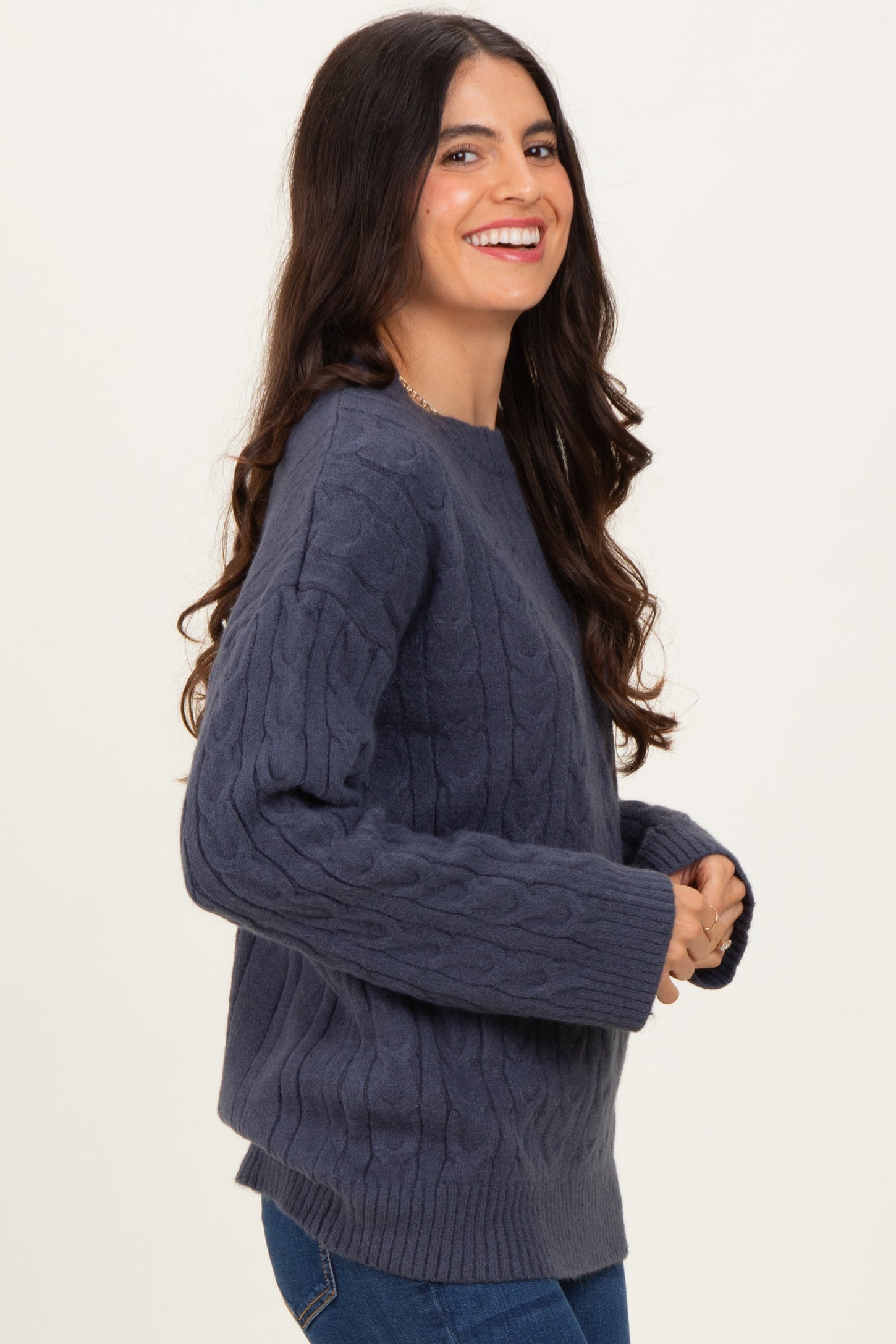 Navy Braid Knit Pattern Soft Fluffy Sweater Top