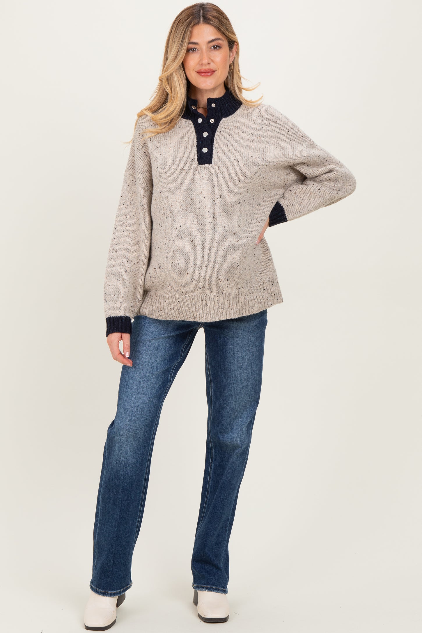 Beige Speckle Knit Snap Button Oversized Maternity Sweater