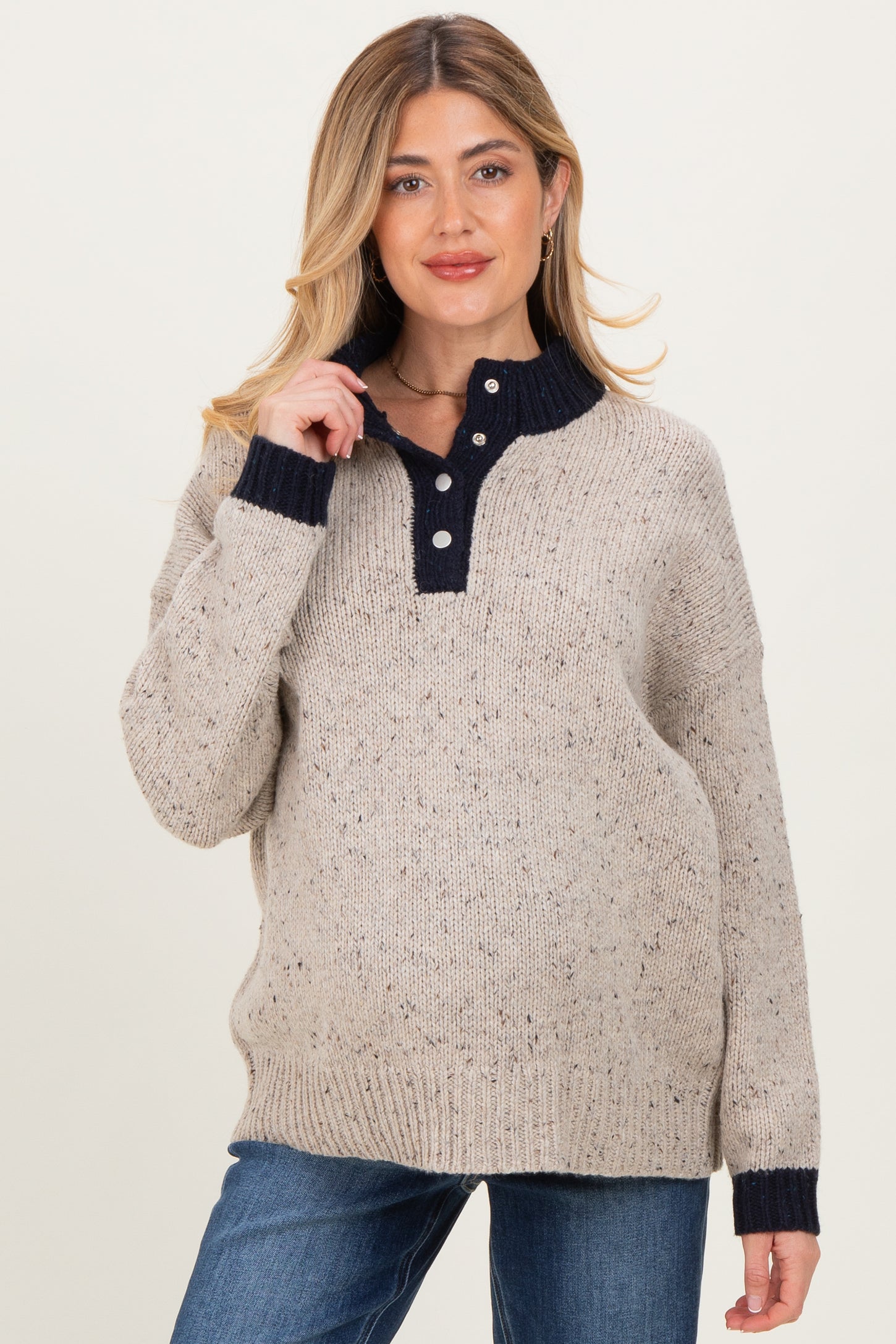 Beige Speckle Knit Snap Button Oversized Maternity Sweater