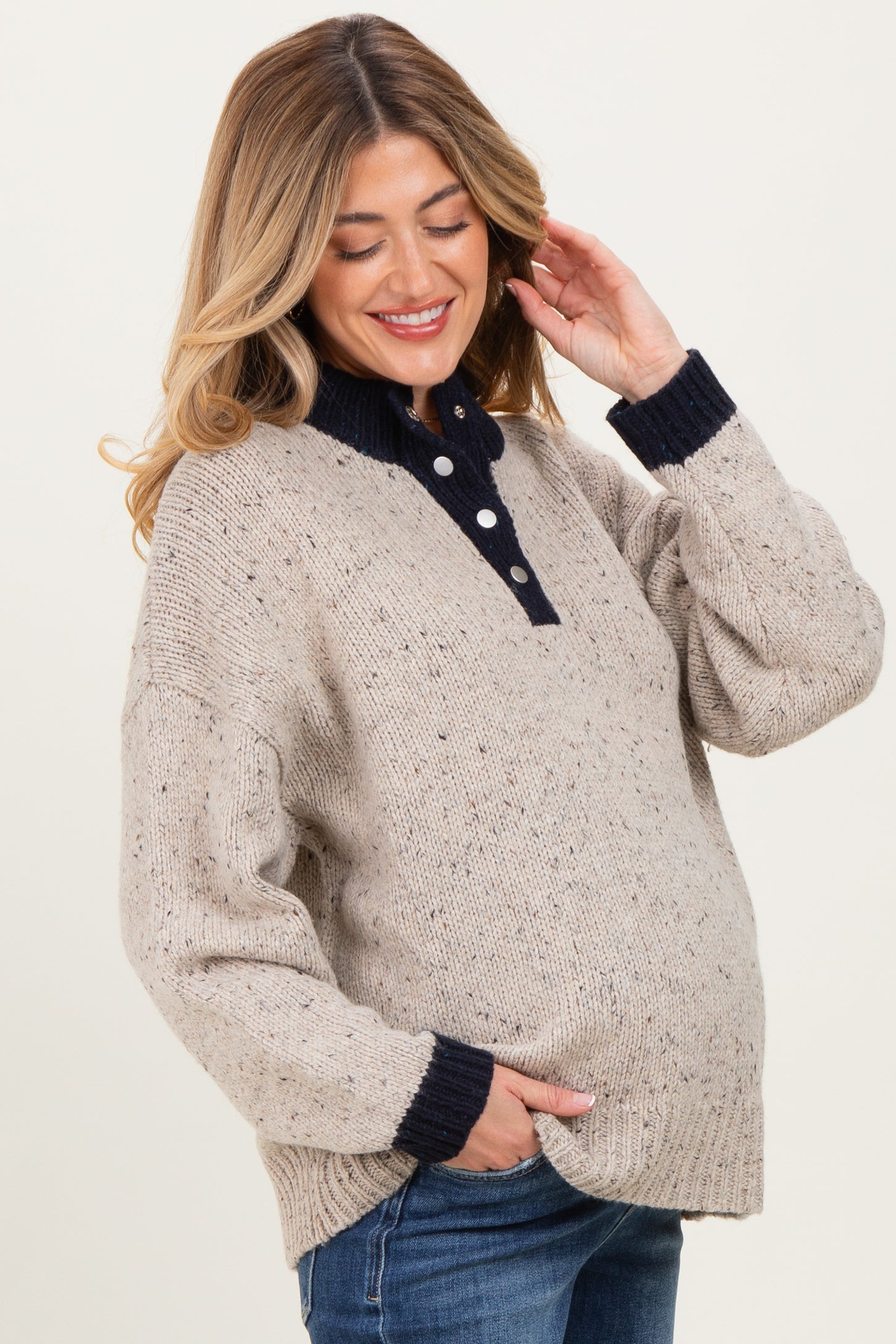 Beige Speckle Knit Snap Button Oversized Maternity Sweater