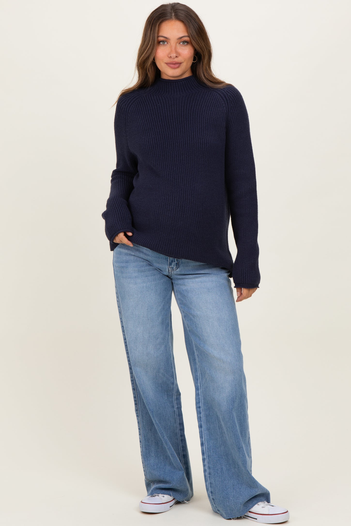 Navy Mock Neck Ribbed Knit Basic Maternity Sweater Top