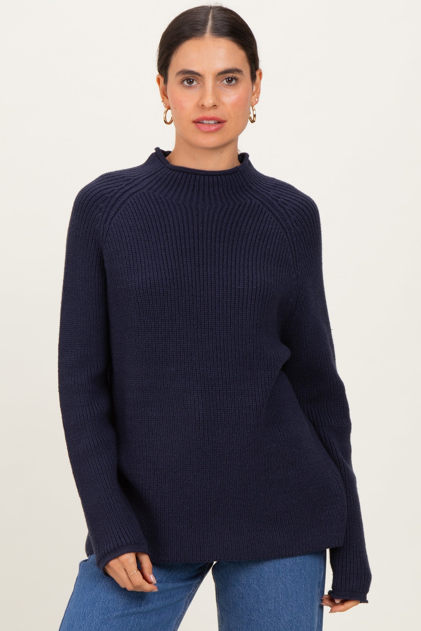Navy Mock Neck Ribbed Knit Basic Sweater Top
