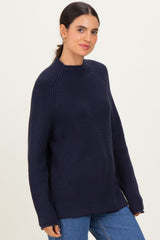 Navy Mock Neck Ribbed Knit Basic Sweater Top
