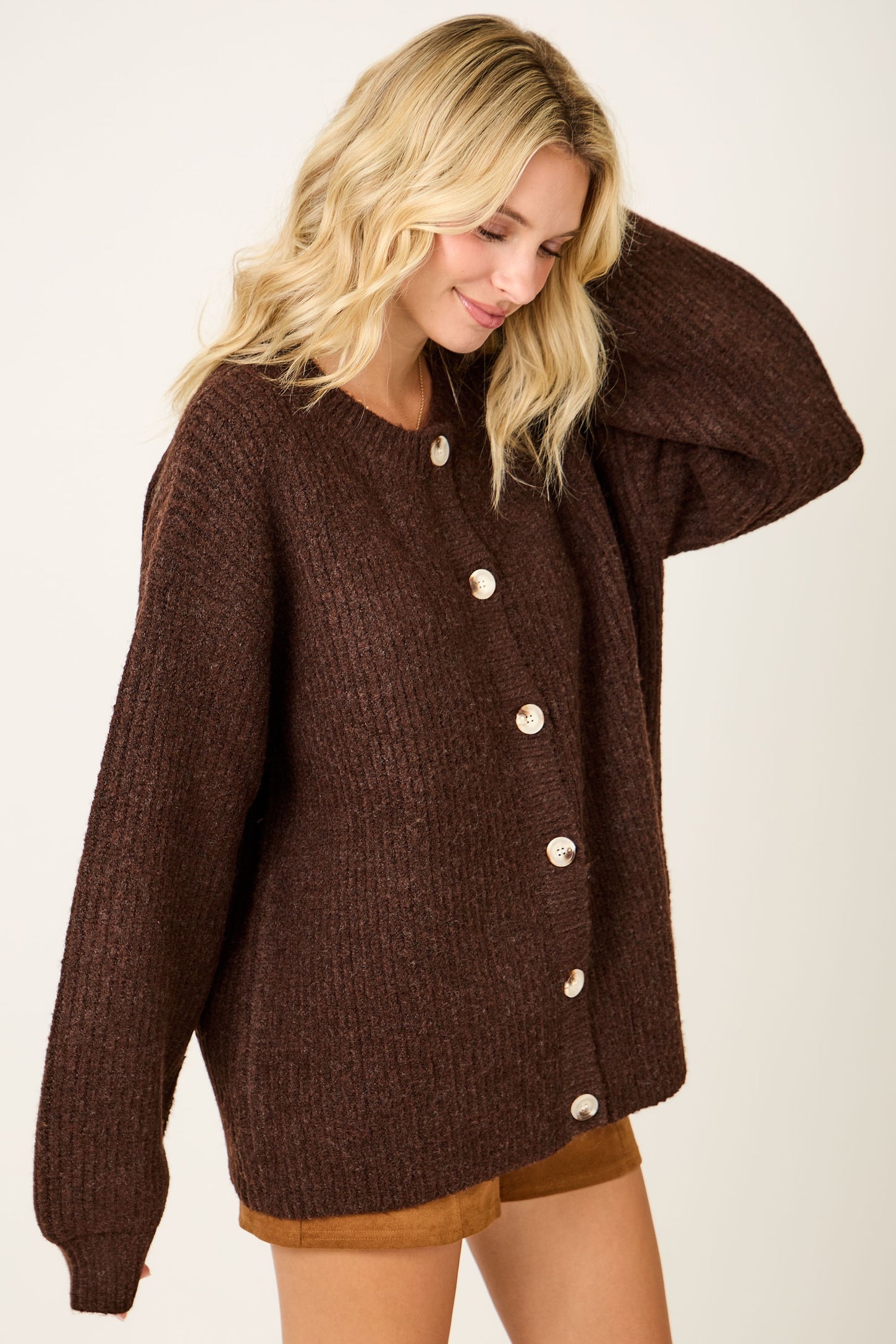 Brown Knit Oversized Button Cardigan