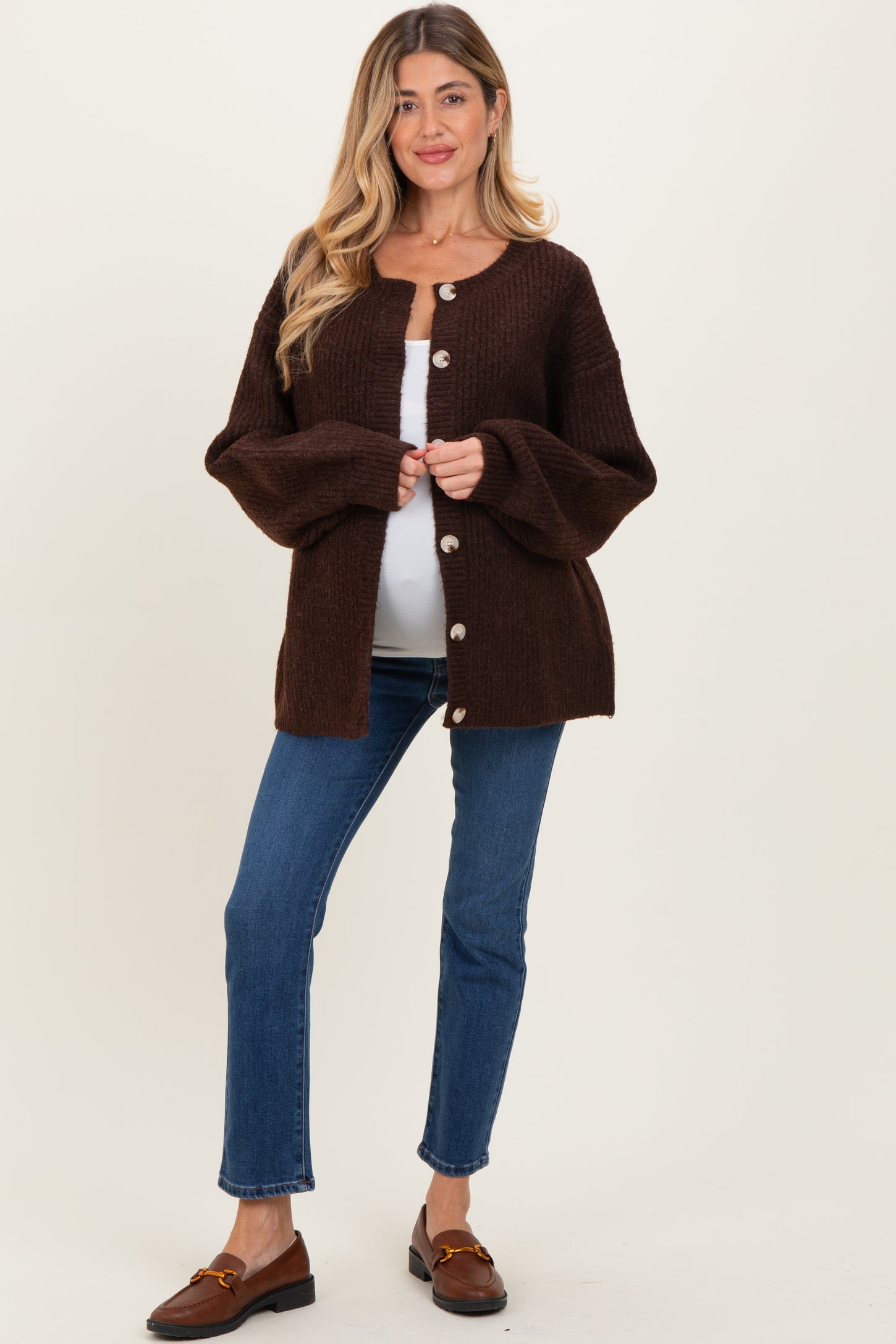 Brown Knit Oversized Maternity Button Cardigan
