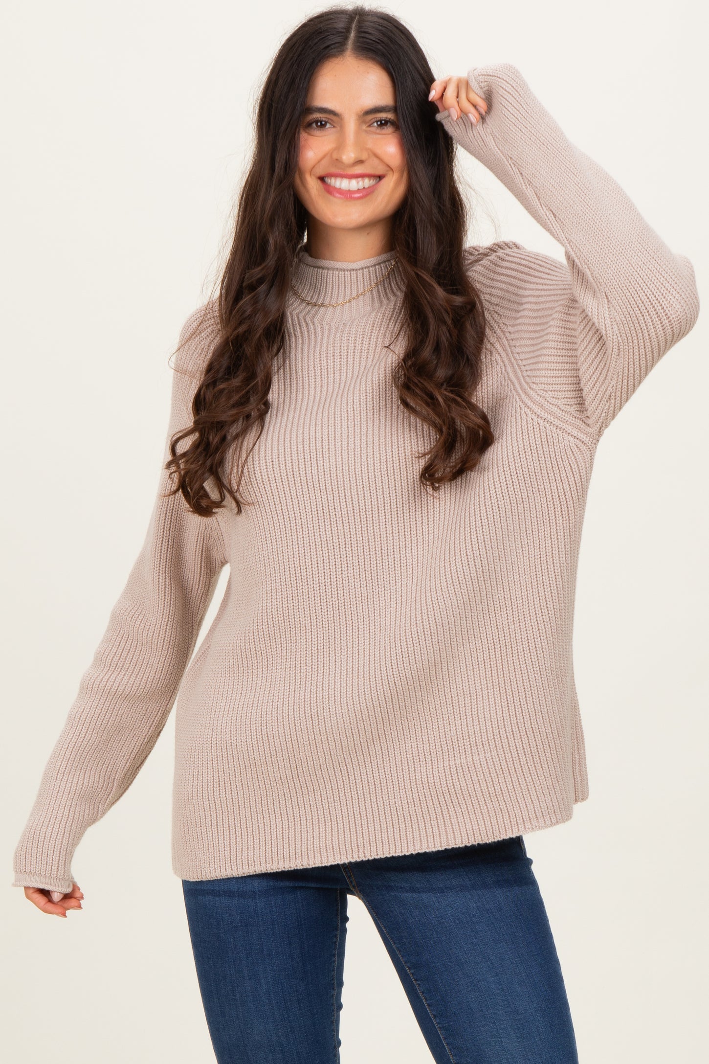 Beige Mock Neck Ribbed Knit Basic Sweater Top