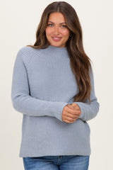 Light Blue Mock Neck Ribbed Knit Basic Maternity Sweater Top