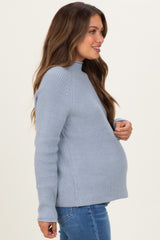 Light Blue Mock Neck Ribbed Knit Basic Maternity Sweater Top