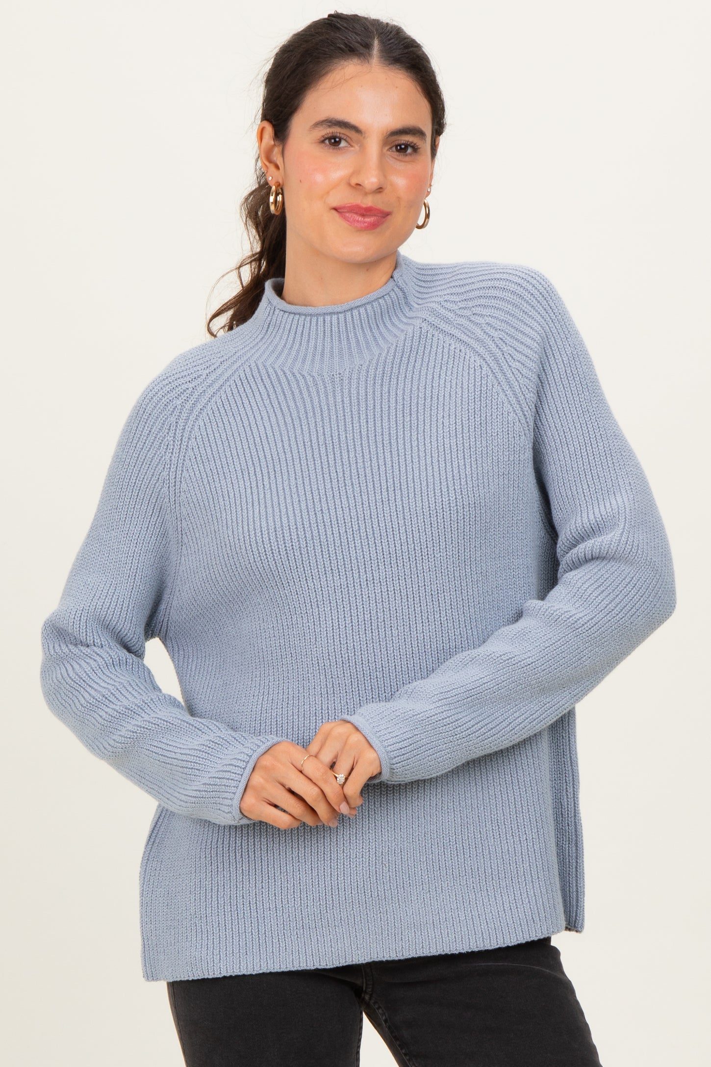 Light Blue Mock Neck Ribbed Knit Basic Maternity Sweater Top