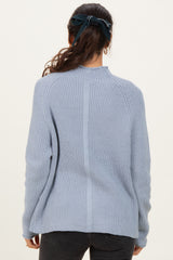 Light Blue Mock Neck Ribbed Knit Basic Sweater Top