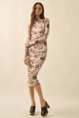 Cream Floral Mesh Long Sleeve Maternity Midi Dress