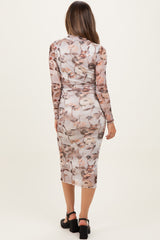 Cream Floral Mesh Long Sleeve Maternity Midi Dress