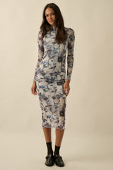 Blue Floral Mesh Long Sleeve Midi Dress