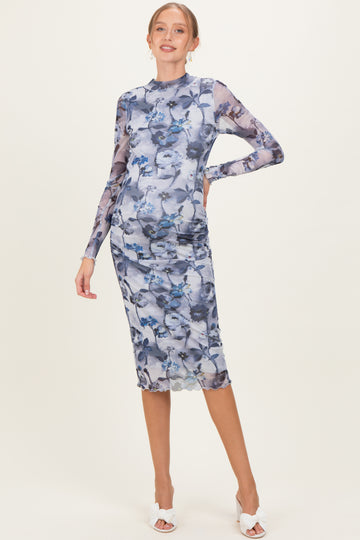 Blue Floral Mesh Long Sleeve Maternity Midi Dress