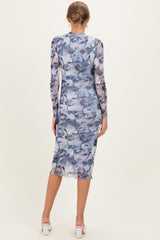 Blue Floral Mesh Long Sleeve Maternity Midi Dress