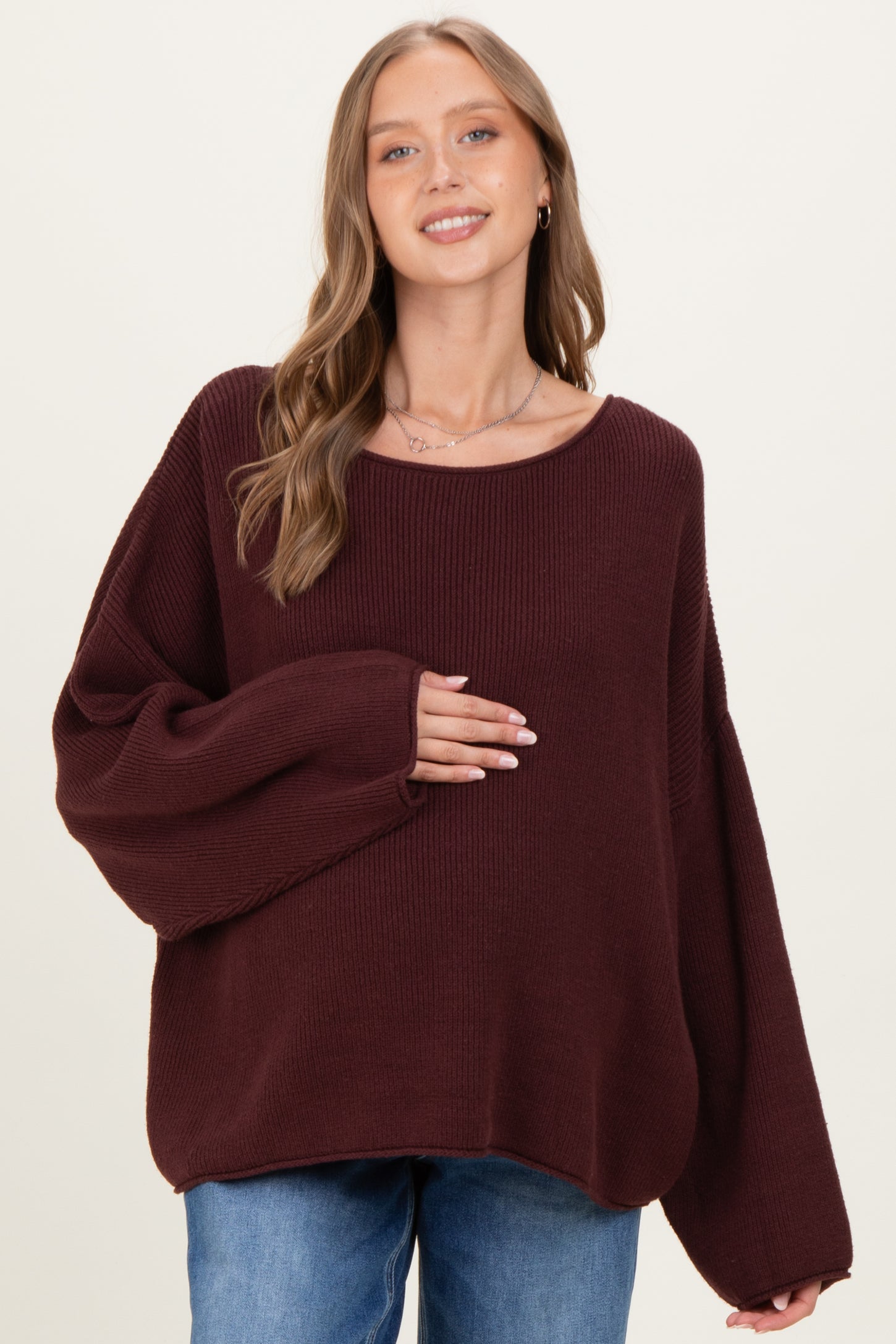 Burgundy Oversized Boatneck Maternity Sweater
