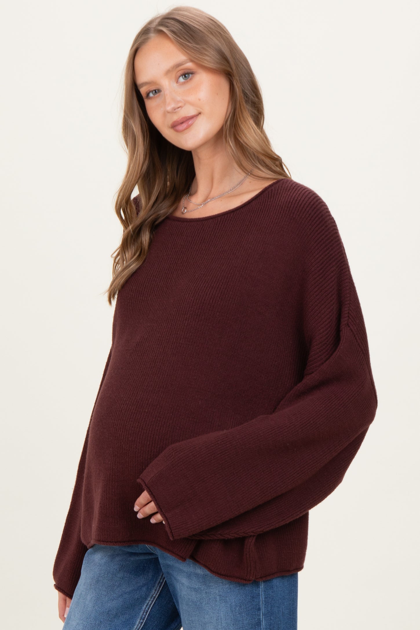 Burgundy Oversized Boatneck Maternity Sweater