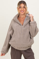 Dark Taupe Faux Sherpa Quarter Zip Maternity Hoodie