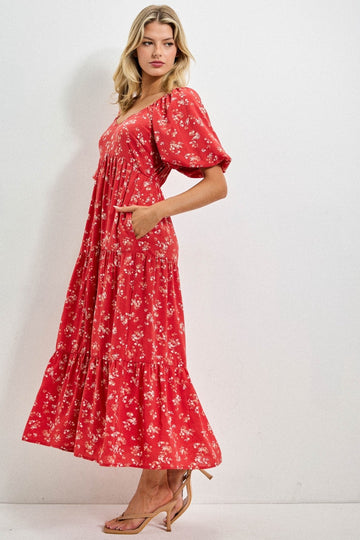 Red Floral Tiered Puff Sleeve Midi Dress