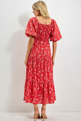 Red Floral Tiered Puff Sleeve Midi Dress