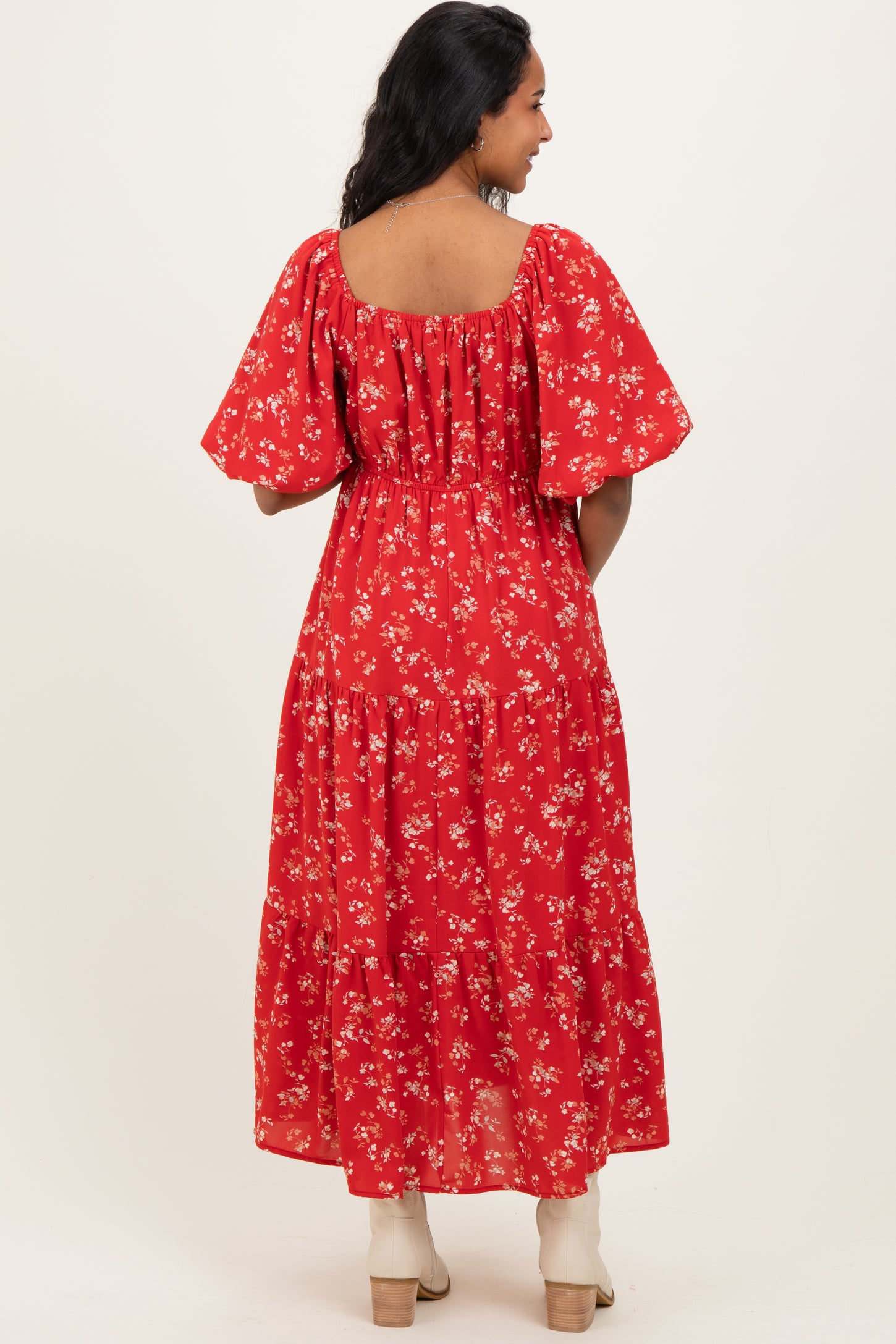 Red Floral Tiered Puff Sleeve Maternity Midi Dress