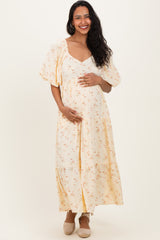 Butter Yellow Floral Tiered Puff Sleeve Maternity Midi Dress