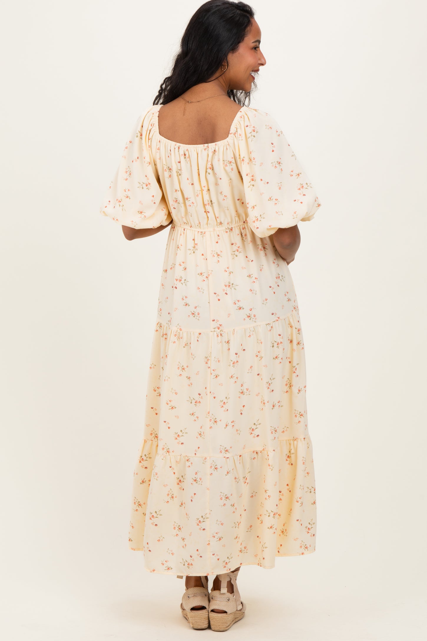 Butter Yellow Floral Tiered Puff Sleeve Maternity Midi Dress