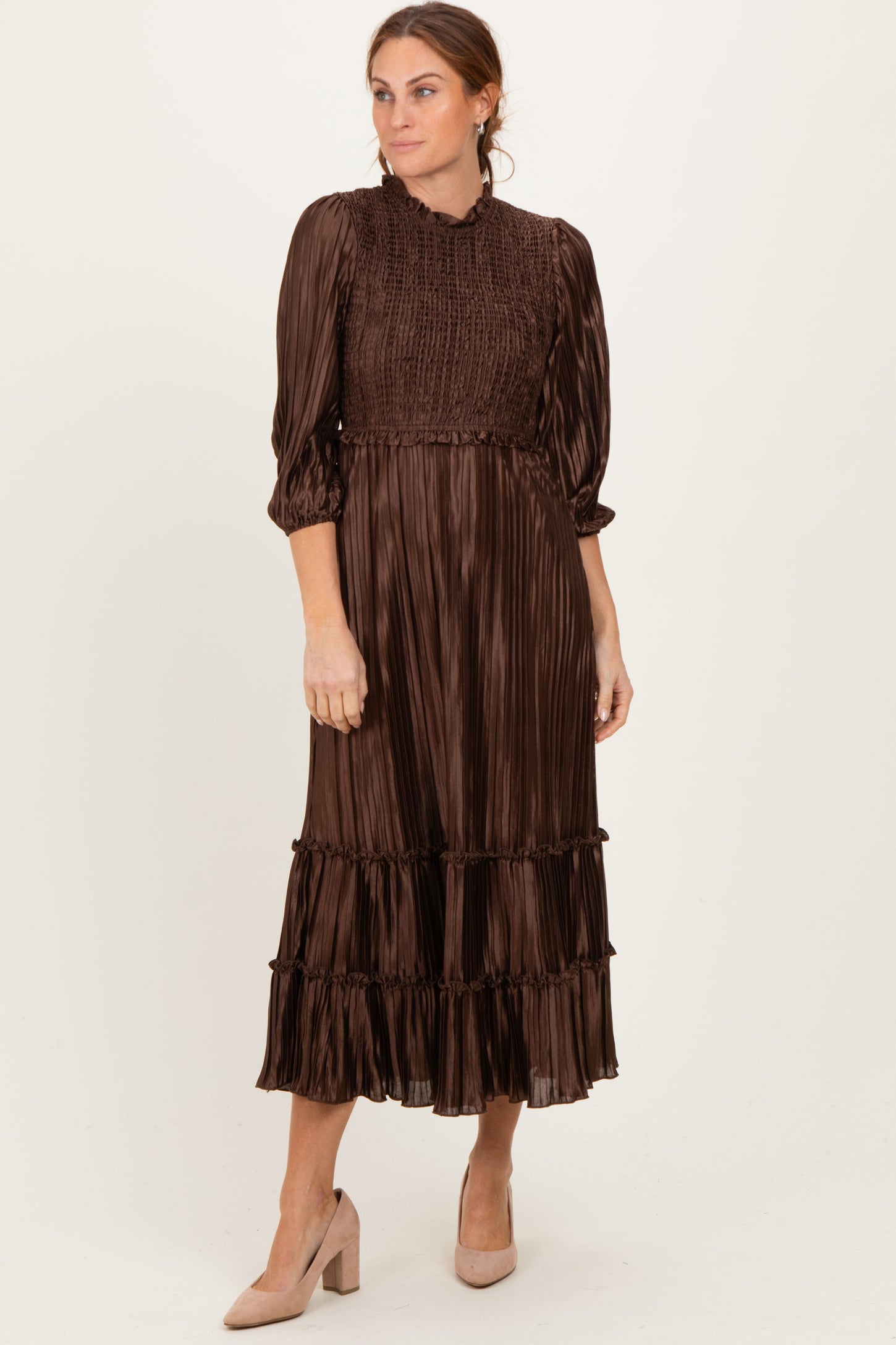 Brown Pleated Satin Smocked Bodice Midi Dress