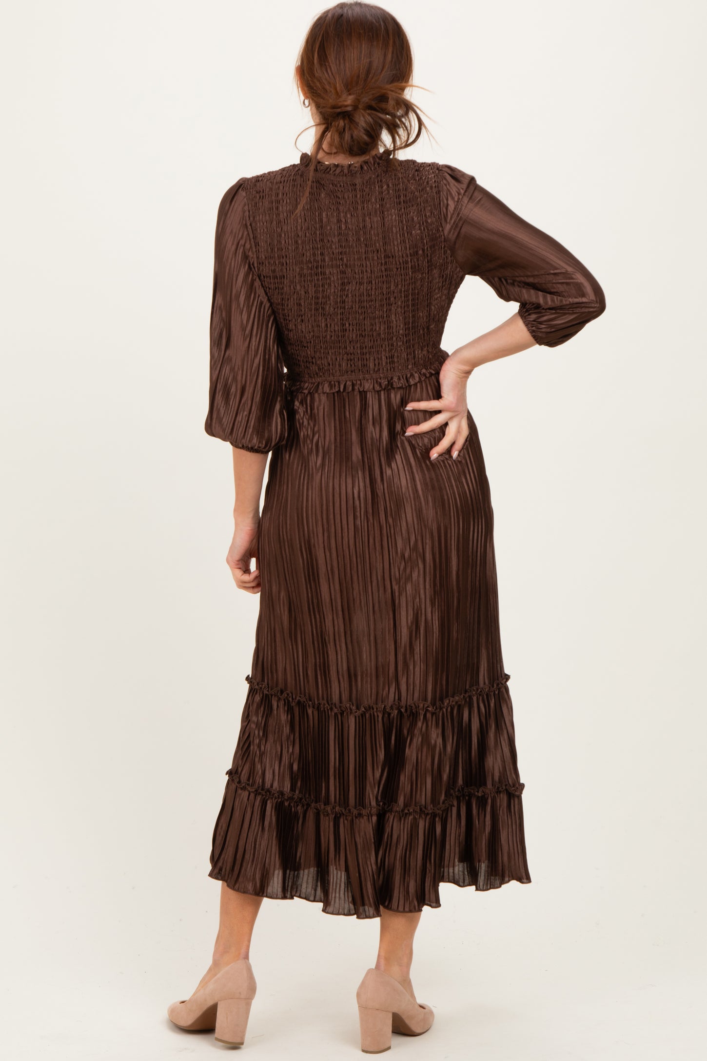 Brown Pleated Satin Smocked Bodice Midi Dress